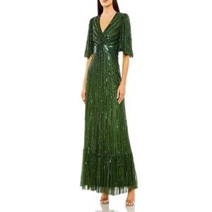 Mac Duggal Emerald 23010 Flutter Sleeve Ruffle Sequin Gown Size 8 MISSING BEADS